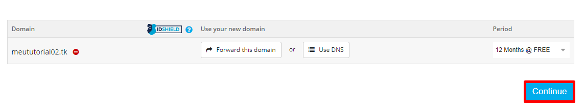 Continuando com o registro do domínio após escolher o ciclo gratuito.