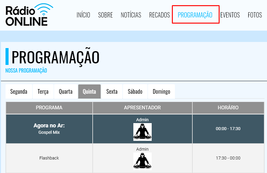 Programação no Site Web Radio